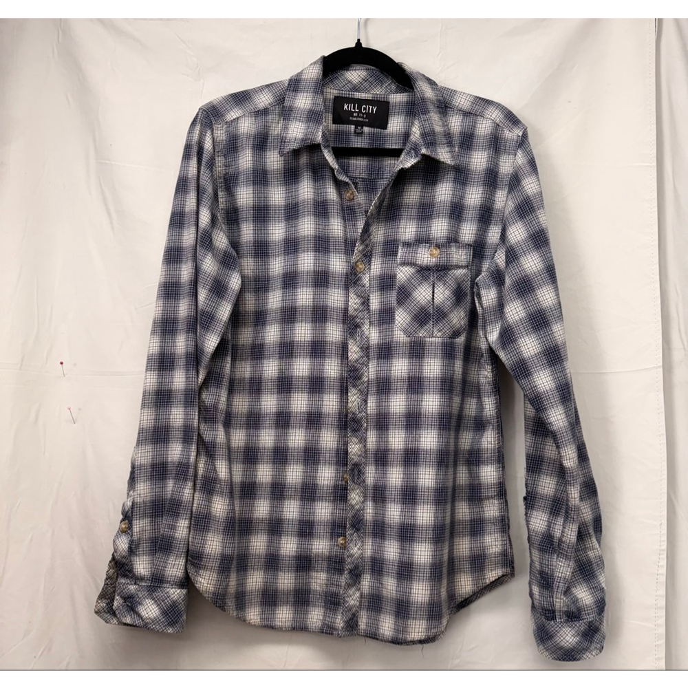 Men's KILL CITY Blue White Plaid Casual Button Down Shirt M